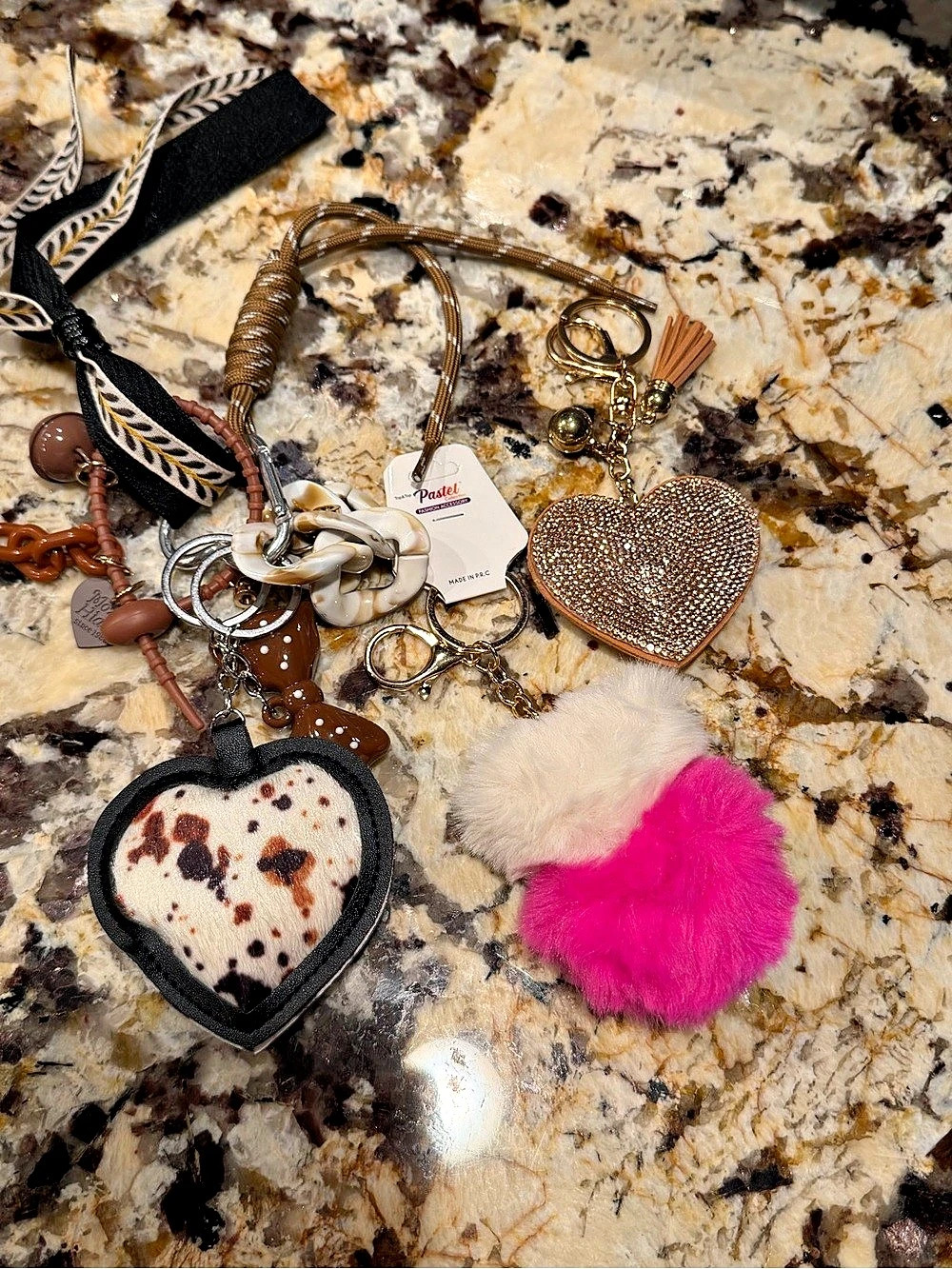 Assorted Leather Rhinestone & Fuzzy Heart Keychains & Bag Charms Bundle Set